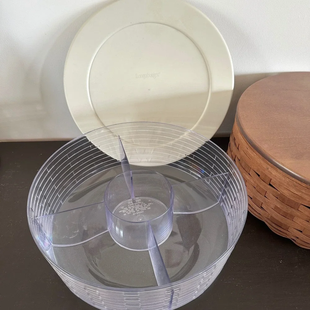 Longaberger Round Woven Basket Wood Lid Divided Bowl Lid 40454 Entertaining